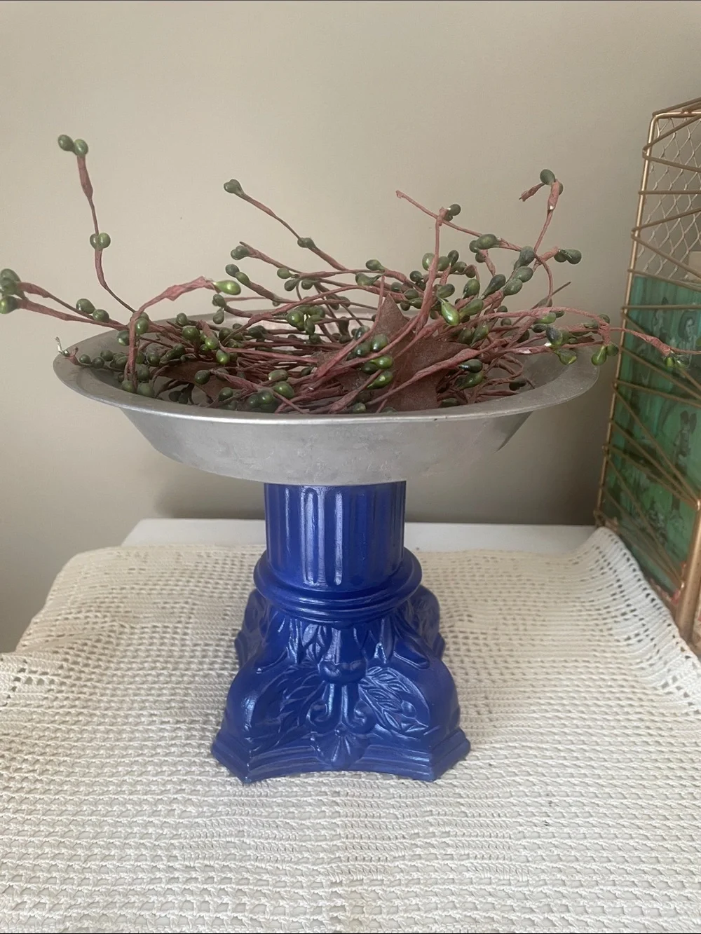 Decorative Pedestal Compote - Blue Base with aluminum top- multiple uses